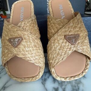 Prada 2X3142 Mens Woven Raffia Cross Strap Slide Sandals Beige Tan UK 7 (FIT LG)